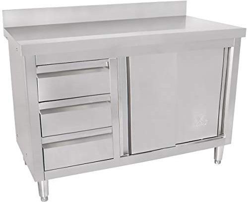 Beeketal 'BAS120-60L' Gastro Edelstahl Küchenschrank mit 3 Schubladen (links), 2 Rolltüren und 4 verstellbaren Standfüßen, Küchen Arbeitsplatte mit 10 cm Aufkantung - (L/B/H) ca. 1200 x 600 x 950 mm