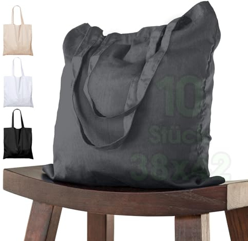 Bomullspåse 38x42 cm 10 delar, otryckt, långt handtag, tygpåse, bärväska, påse, bomullspåse, jutepåse OEKO-TEX®-certifierad tygpåse, shoppingväska, shoppingväska för målning (Mörkgrå)