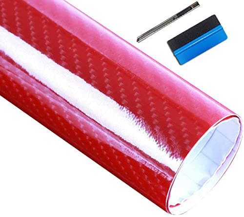 NewL 6D Glanz Kohlefaser Selbstklebende Autovinylfolie Rot 30cm x 150cm | 6D Glanz-Textur, mit Werkzeug, Luftkanäle, dehnbar, kratzfest, wasserfest, für Auto Innenraum, DIY Motorräder und Laptop