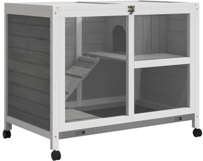 PawHut Kaninchenstall aus Holz 2 Etagen für Innen 91,5 x 53,3 x 73 cm Grau | Freilaufgehege, Rädern, Klappdach, Rampe, Tablett, Winterfest, Meerschweinchenstall, Indoor Kleintierstall, Kaninchenkäfig