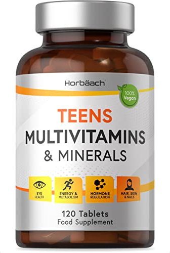 Teen Multivitamin | 120 Vegan Tablets | One-a-Day Formula | 28 Nutrients with Biotin, Folic Acid, Iron, Vitamin C & B6 | Multivitamin Support for Teenage Boys & Girls | by Horbaach