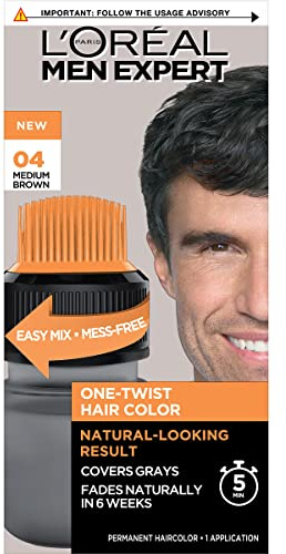 L’Oreal Paris Men Expert One Twist Mess Free Permanent Hair Color, Mens Hair Dye to Cover Grays, Easy Mix Ammonia Free Application, Medium Brown 04, 1 Application