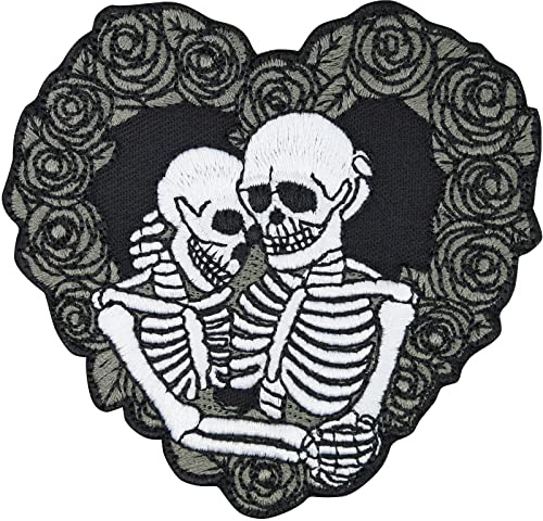 Designer PRREMIUM hjärta patch kärleksfull scelette biker tygmärke dödskalle strykbilder för att sy på porträtt halloween dekoration kudde skalle applikation – 80 x 80 mm