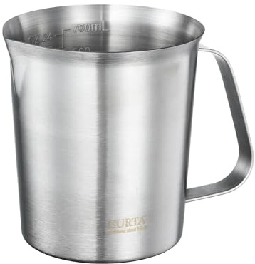 CURTA Misurino in acciaio inox 18/8 con manico e beccuccio per versare, brocca in metallo con marcatura Oz e ML, 700 ml - 3 tazze), brocca resistente