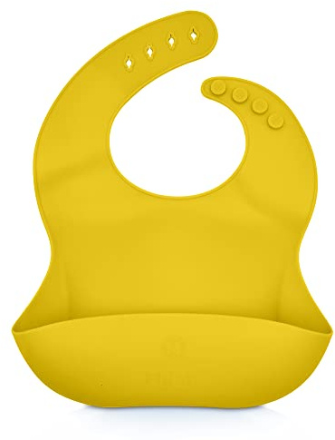 Milah Waterproof Silicone Bib Easily Wipes Clean I Adjustable Soft Bibs Keep Stains off I Wide pouch to catch any spills I BPA Free Food Grade Silicone I Easy Roll up and go (Yellow)