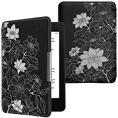 kwmobile Case Compatible with Amazon Kindle Paperwhite Case - eReader Cover - White Flowers White/Black