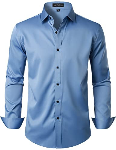 LucMatton Men's Stylish Stretch Wrinkle-Free Dress Shirt Formal Long Sleeve Slim Fit Button Down Shirts for Wedding Party Ink Blue X-Large