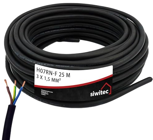 siwitec Gummischlauchleitung H07RN-F 3G1,5, 3x1,5 mm², 25 m, Schwarz, 450/750 V, Stromkabel, Elektrokabel, Gummikabel - Made in Germany