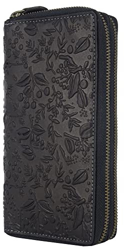 Hill Burry Geldbörse für Damen | XXL Groß Leder Geldbeutel Doppelter Reißverschluss RFID Schutz | Portemonnaie langes Portmonee | 27 Kartenfächer | 20x11x3,5cm (B x H x T) (Schwarz)