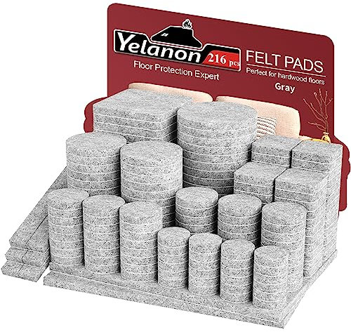 Yelanon Filzgleiter selbstklebend 216 Stück, Schneidbarer Filz für,Kratzfeste Möbelgleiter für Stühlemöbelgleiter,Möbelgleiter,Chair Leg Floor Protectors, Grau