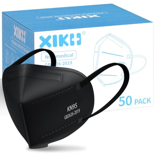 XIKII 50PCS KN95 Face Masks for Adults Black 5 Layer Cup Dust Safety Masks Mascarillas Filter Efficiency≥95% Breathable Elastic Ear Loops & Adjust Nose Clip Kn95 Face Mask for Travel Healthcare