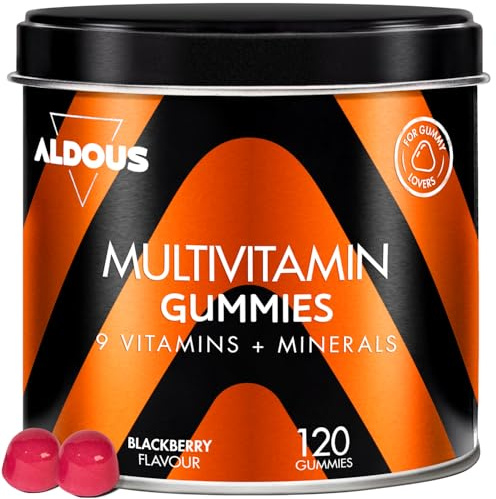 Gominolas Multivitaminas - 120 Gummies sabor natural Mora - 12 vitaminas y minerales - Todas las Vitaminas C, D, B12, E, A, B6, B5, Biotina, Ácido Fólico, Zinc, Yodo, Colina - ALDOUS
