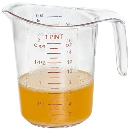 Restaurantware RW Base 1 Pint Measuring Jar 1 Durable Measuring Beaker - Metric And Imperial Units V-Shaped Spout Clear Plastic Measuring Cup Handle With Thumb-Grip Tolerates Up To 248F