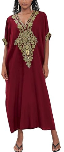 L-Peach Caftán vestido largo de playa con bordado para mujer, ropa de descanso, ropa de hogar, talla grande, cubre-bañador, batas, A2 Rojo, Altoa única