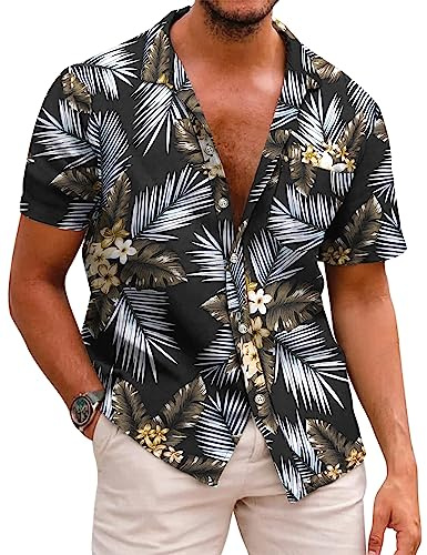 COOFANDY Mens Hawaiian Shirt Funky Flower Beach Casual Short Sleeve Summer Shirts Holiday Shirts for Men Button Down Shirt A-Palm Leaves L