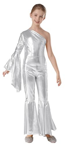 inhzoy Kinder Mädchen Jumpsuit Glänzende Metallic 70er 80er Disco Overall Ganzanzug Turnanzug Gymnastik Trikot Tanztrikot Space Girl Performance Outfit
