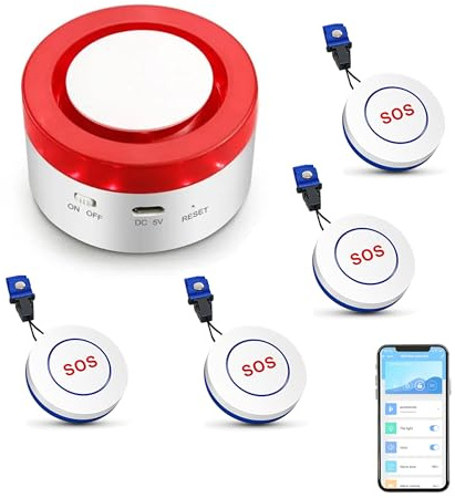 Bouton d'appel WiFi pour Soignant : Sonnette d'alerte sans Fil pour infirmière, Bouton d'appel d'alarme personnelle avec Application d'alertes, avertisseur d'urgence pour Patients âgés (4 Boutons SOS