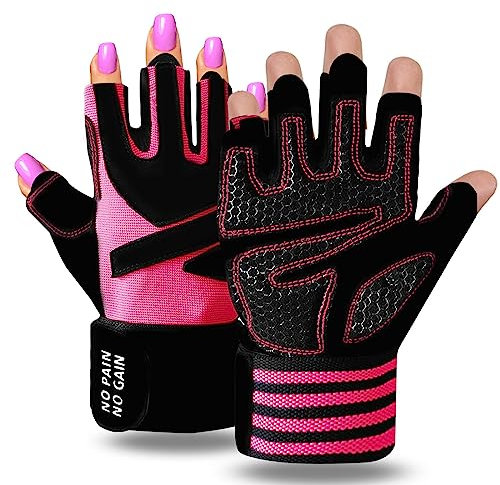 LOVMEAD Trainingshandschuhe mit Handgelenkstütze für Frauen, voller Handflächenschutz, für Gewichtheben, Training, Fitness, Suspension, Klimmzüge (Rosa, L)
