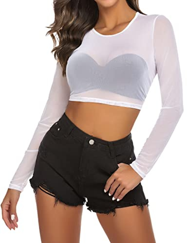 Avidlove Dam nättopp långärmad sexig crop slim fit transparent topp, Vit, L