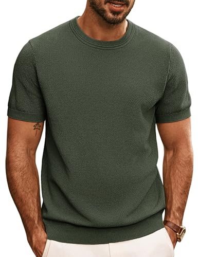 PJ PAUL JONES Men Solid T-Shirts Casual Knit Pullover Tee Fashion Textured Knitwear Shirts Army Green