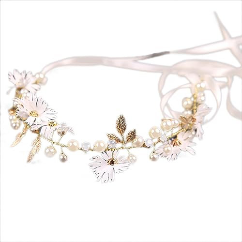 Blausky 2 Stück Blumenkränze für Haar,Perlengirlanden-Stirnbander,Elegante Braut Haaraccessoires,Blumenkranz Stirnband,Haarkranz Krone Blumenkrone,für Hochzeit Strand Reise Festival Party,Weiß