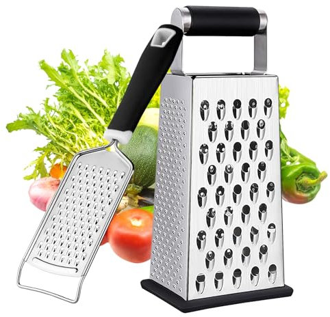 Cheese Grater - 2 Pack Box Grater & Kitchen Grater with Handle, Stainless Steel Vegetable Slicer & Food Shredder, 4-Sided Graters for Kitchen, Lemon Zester, Essential Kitchen Gadgets