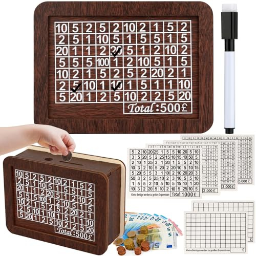 Wooden Money Saving Box, Wooden Cash Saving Box with Counter, Reusable Cash Vault Wood Savings Box with 6 Target Stickers and Erasable Pen, Saving Challenge Box, Birthday Gift