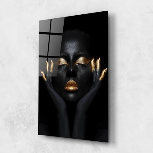 ARTHUB® Glasbild 60x80 cm, 4mm ESG | Moderne Wandbilder aus Glas für Wohnzimmer & Schlafzimmer, Wanddekoration, Wohnkultur, Frauen, Fingertips Gold Makeup