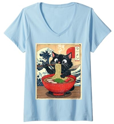 Femme Chat Vintage Kawaii Neko Ramen Art Japonais Anime Cadeaux drôles T-Shirt avec Col en V