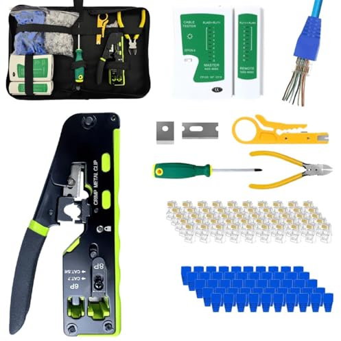 Rj45 Kit d'outils à sertir Ethernet 107 en 1 avec outil de sertissage RJ45, 50 couvercles et connecteurs, pince à dénuder, etc., pour connecteur réseau 8P Cat5 Cat6 et connecteurs téléphoniques