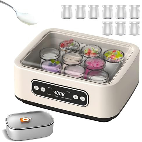 Yogurtiera con termostato, capacità 1,6 Litri, 9 Bicchieri, con Display LCD e Contenitore in Acciaio Inox, con 4 modalità per Yogurt Fatto in casa/Vino di Riso/Natto/fermentazione
