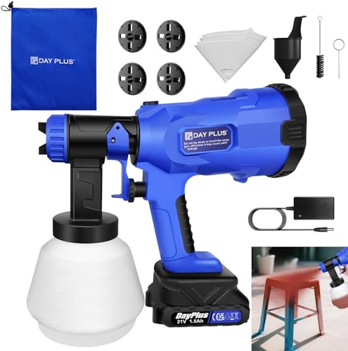 Pistolet à Peinture sans Fil 21V Professionnel, Pistolet à Peinture 900W HVLP avec Réservoir 1000ML, 4 Buses en Cuivre Durable + 3 Modes | pour Murs, Plafonds, Meubles Intérieur/Extérieur