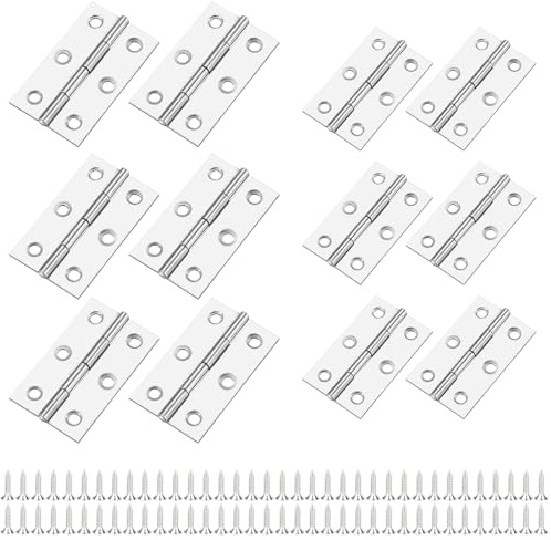 Lot de 12 charnières pliables en acier inoxydable avec 72 vis - 6 grandes (6,1 x 3,7 cm) + 6 petites (5,5 x 3,5 cm) - Charnières métalliques durables pour portes d'armoire, petites portes, boîtes en