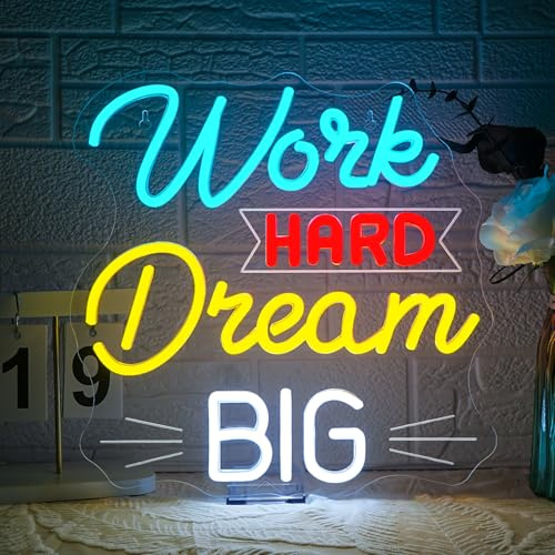 Looklight Work Hard Dream Big Neon Panneau LED pour décoration murale Panneau néon à intensité variable pour la maison, la chambre à coucher, le bureau, les fêtes, la salle de classe, cadeau, 32 x 32