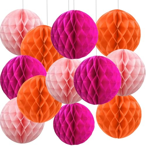 We Moment Zone 12 Stück Orange und Rosa Papier Wabenbälle,Hängende Seidenpapier Honeycomb Balls for Orange Rosa Party Dekoration(6inch，10inch)
