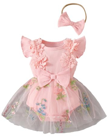 HEOXIN Vestito Tutina per Neonata, Abito in Tulle con Ricami 3D a Fiori Senza Maniche con Volant + Set con Cerchietto con Fiocco, Abbigliamento Estivo Autunno per Neonate, Rosa 3-6 Mesi