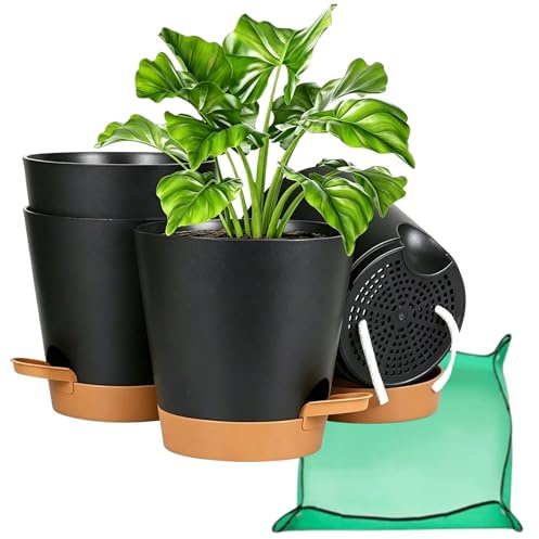 CNKHDZ 4 pack Självvattnande blomkruka 17.8cm+ hopfällbar planteringskruka, plastblomkruka med bevattningssystem, kruka för inomhus- och balkongväxter Svart