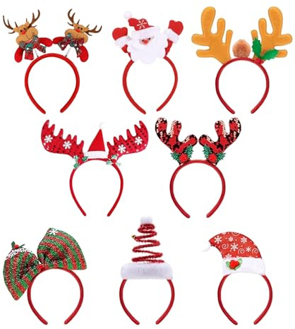 8Stück Weihnachts-Stirnbänder,Weihnachts-Kopfbedeckungen,Feiertags-Stirnbänder,Weihnachtsschmuck,Geschenke,Rentiere,Weihnachtsmützen,Haarreifen für Weihnachtsfeiern,Accessoires für Damen,Herren,Kinder
