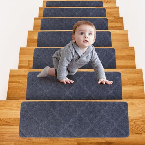 CEWROM Treppenstufen Matten Anti-Rutsch Treppenmatten, Stufenmatten Selbstklebend Innen 15 Stück, Stufenschutz Stufenteppich Innenbereich für Kinder Ältere und Hunde (Dunkelgrau)