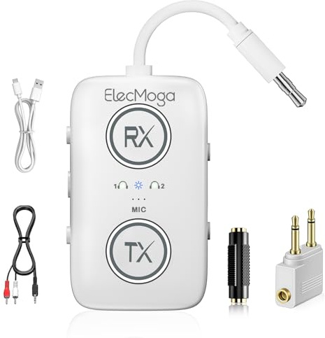 2025 Newest Bluetooth 5.4 Transmitter and Receiver, ElecMoga aptX Adaptive 2-in-1 Wireless Aux Bluetooth Adapter, Dual Connection, 3.5mm Jack Audio Transmitter for TV, Airplane, Car, Headphone, White