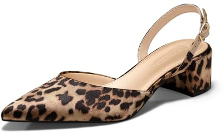 Coutgo Womens Low Chunky Heels Slingback Closed Pointed Toe Pumps Party Wedding Dress Shoes, Leopard, Size 7.5