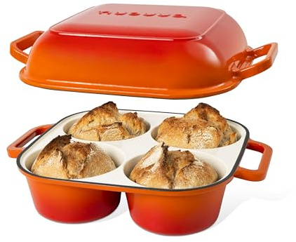 QuadPro Enamelled Cast Iron Bread Loaf Pot – Dutch Oven for Sourdough Bread Baking – 500°F Oven Safe Non Stick Bread Pot – 4 Round Loaf Spaces (12.5cm Diameter), Orange – by Nuovva