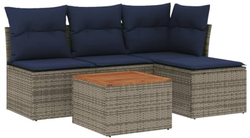 Qnhdfrt 5-teiliges Gartensofa-Set, Lounge-Set aus Polyrattan, Gartenmöbel mit Tisch aus Akazienholz, Sitzgruppe mit Stauraum und Kissen, Grau, Modular