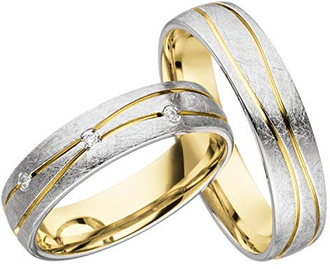 JC Trauringe Silber 925 Paarpreis Eheringe Gelbgold Weißgold Plattiert 5,0 mm breit I Partnerringe mit Gravur in edler Schatulle I 2 Hochzeitsringe Herrenring ohne & Damenring mit Steinen I LC139-1-P