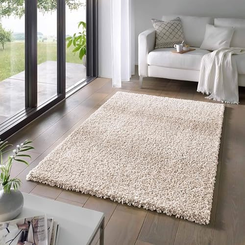 Taracarpet Shaggy Teppich Wohnzimmer Venezia Hochflor Langflor Teppiche modern Creme 200x200 cm