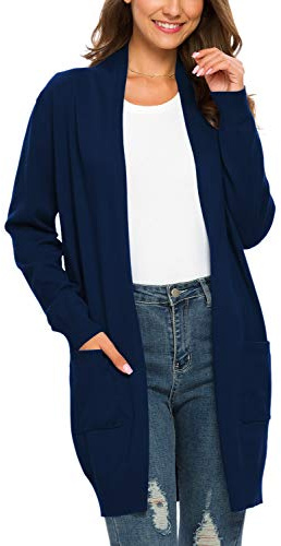 PCEAIIH Women's Long Sleeve Open Front Knit Cardigan Sweaters with Pockets (M, Navy)