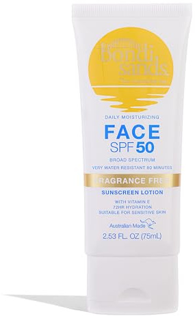 Bondi Sands Fragrance Free Daily Sunscreen Face Lotion SPF 50 | Hydrating UVA + UVB Protection, Non-Greasy, Gentle, Water Resistant | 2.53 Oz/75 mL
