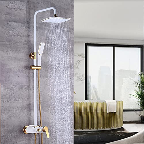 Duschsystem Weiß Gold Luxus Mit Armatur Regendusche, Duscharmatur Regendusche Wand Unterputz Modern Mit Handbrause Duscharmatur, Duschset Brausegarnitur Höhenverstellbar