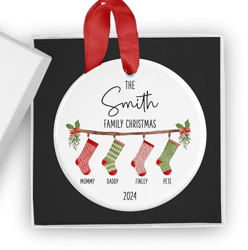 Personalised Family Christmas Stocking Ornament with Gift Box - Customisable Names for Up to 6 Family Members - Festive Xmas Tree Bauble Keepsake - Ideal