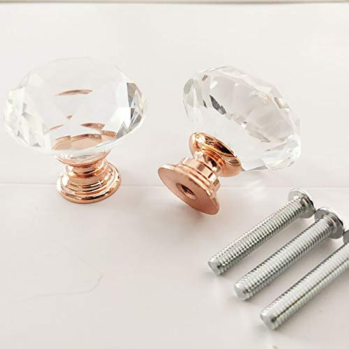 30mm Crystal Glass Door Knobs Diamond Cut Drawer Pull Handles with M4*22mm Screws for Cupboard Cabinet Wardrobe Home Decorating Rose Gold Base Transparent